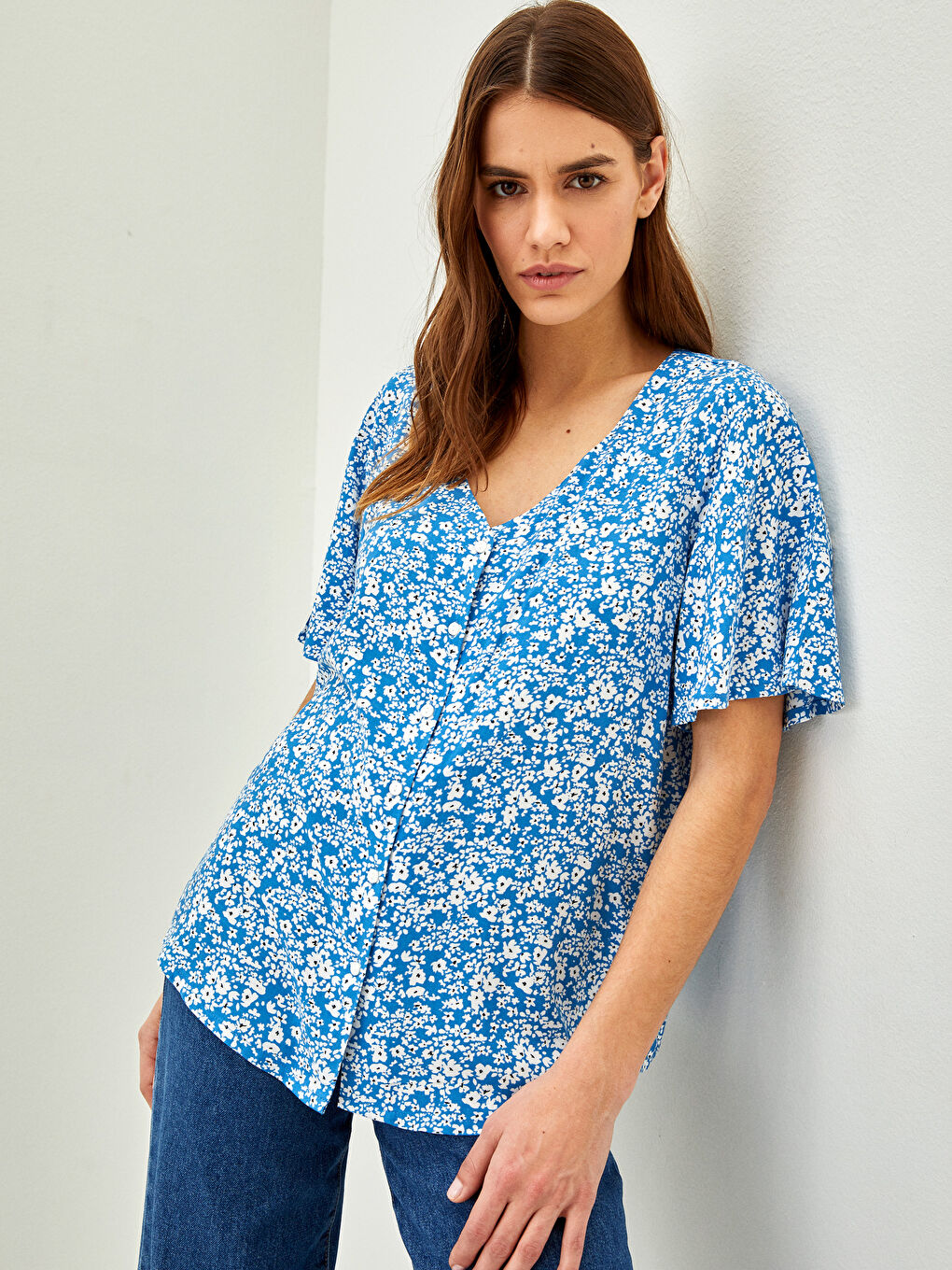 V-Neck Floral Short Sleeve Viscose Women's Blouse