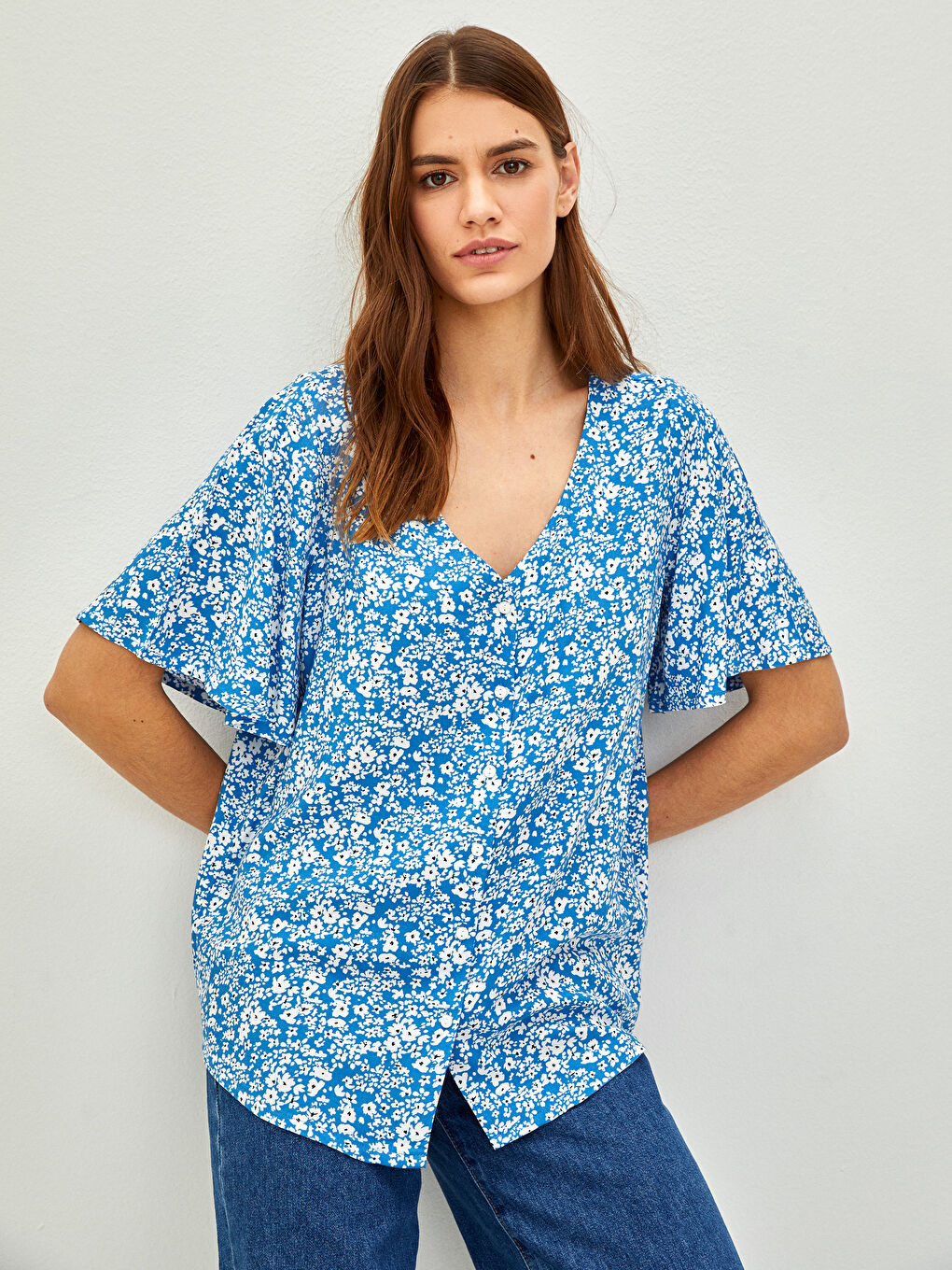 V-Neck Floral Short Sleeve Viscose Women's Blouse-1