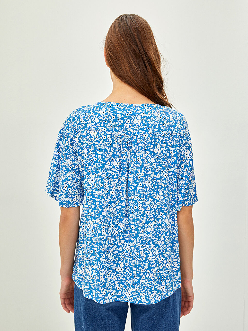 V-Neck Floral Short Sleeve Viscose Women's Blouse-4
