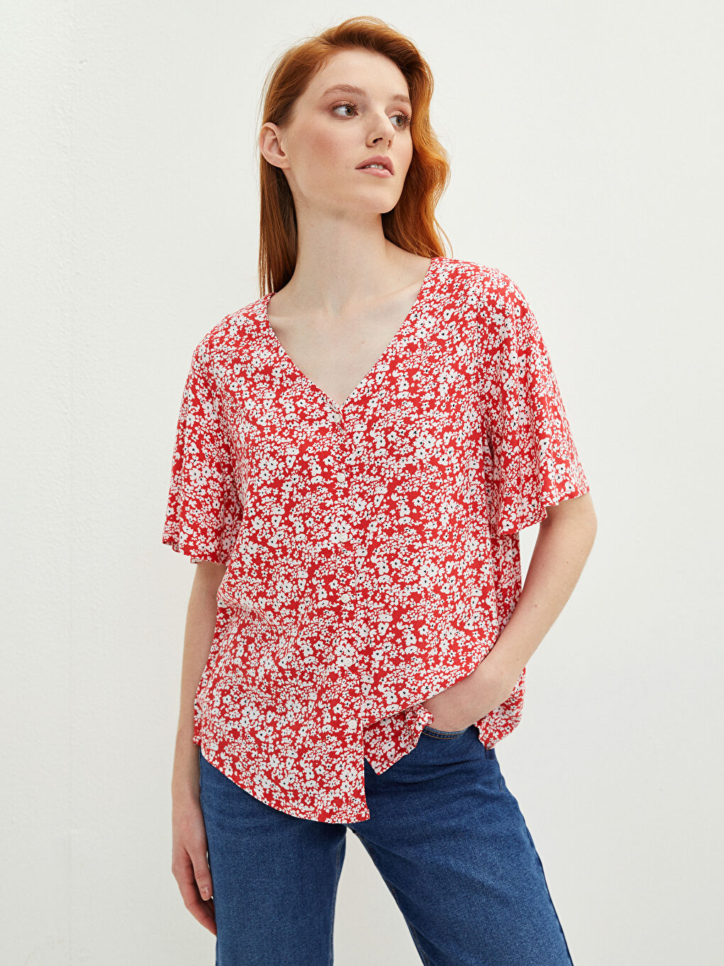 V-Ausschnitt Blumige Kurzarm Viskose Bluse für Damen