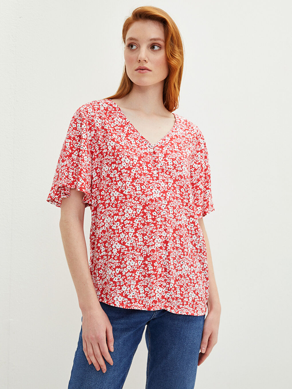 V-Ausschnitt Blumige Kurzarm Viskose Bluse für Damen-1