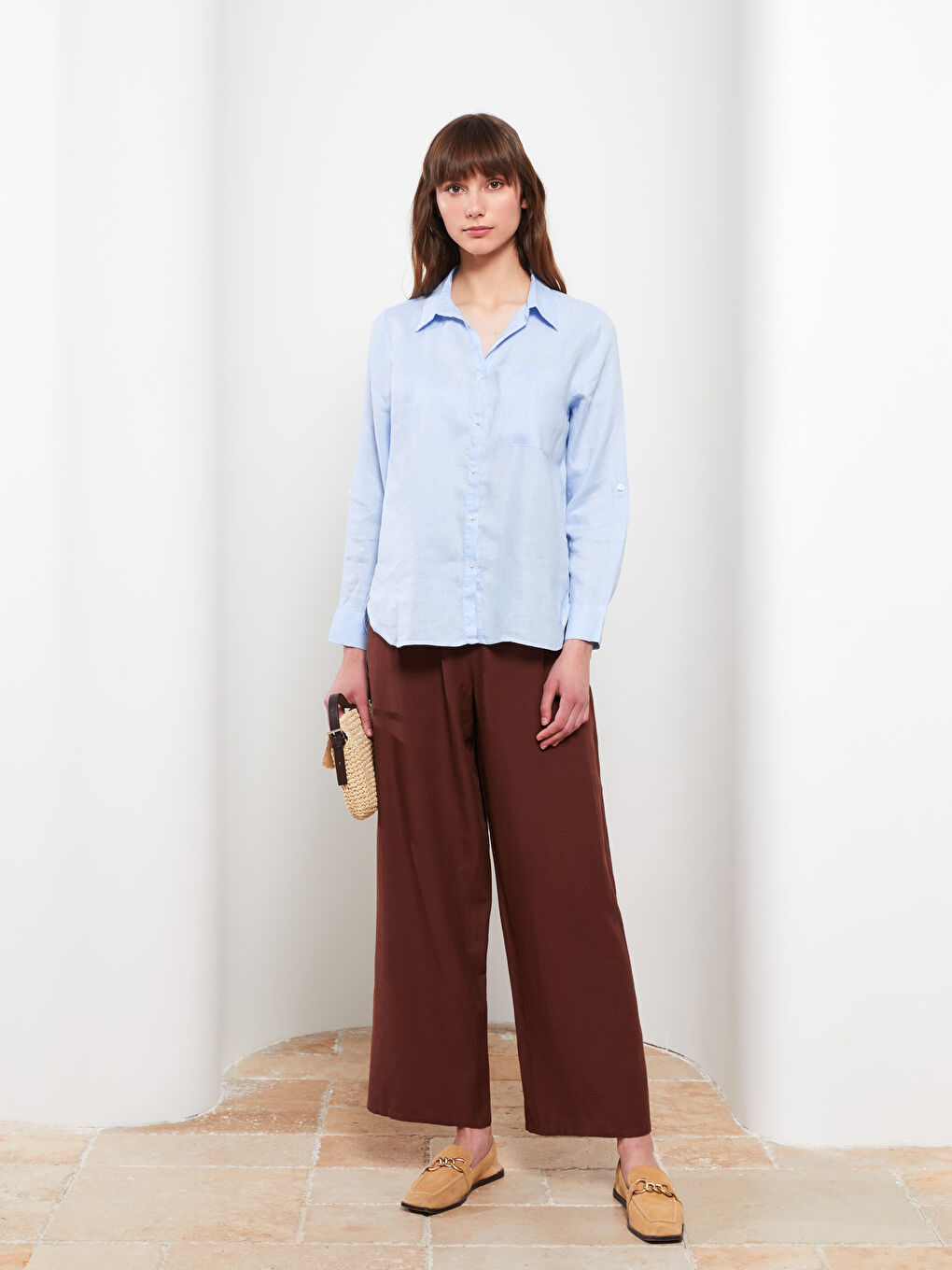 Mavi %100 Keten Kadın Gömlek