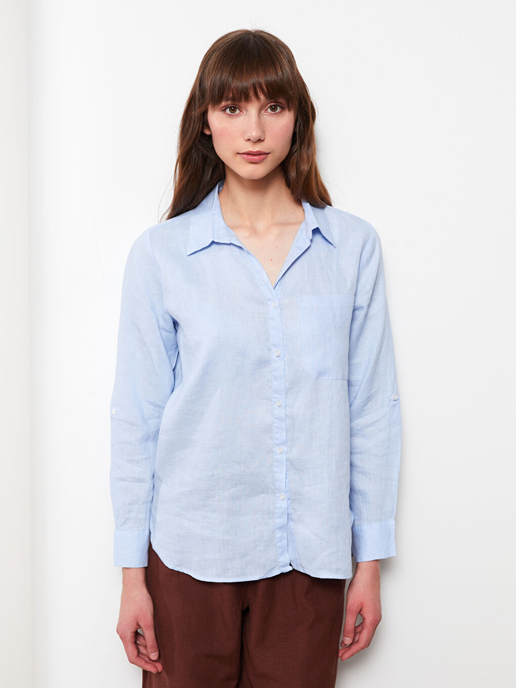 Mavi %100 Keten Kadın Gömlek-1
