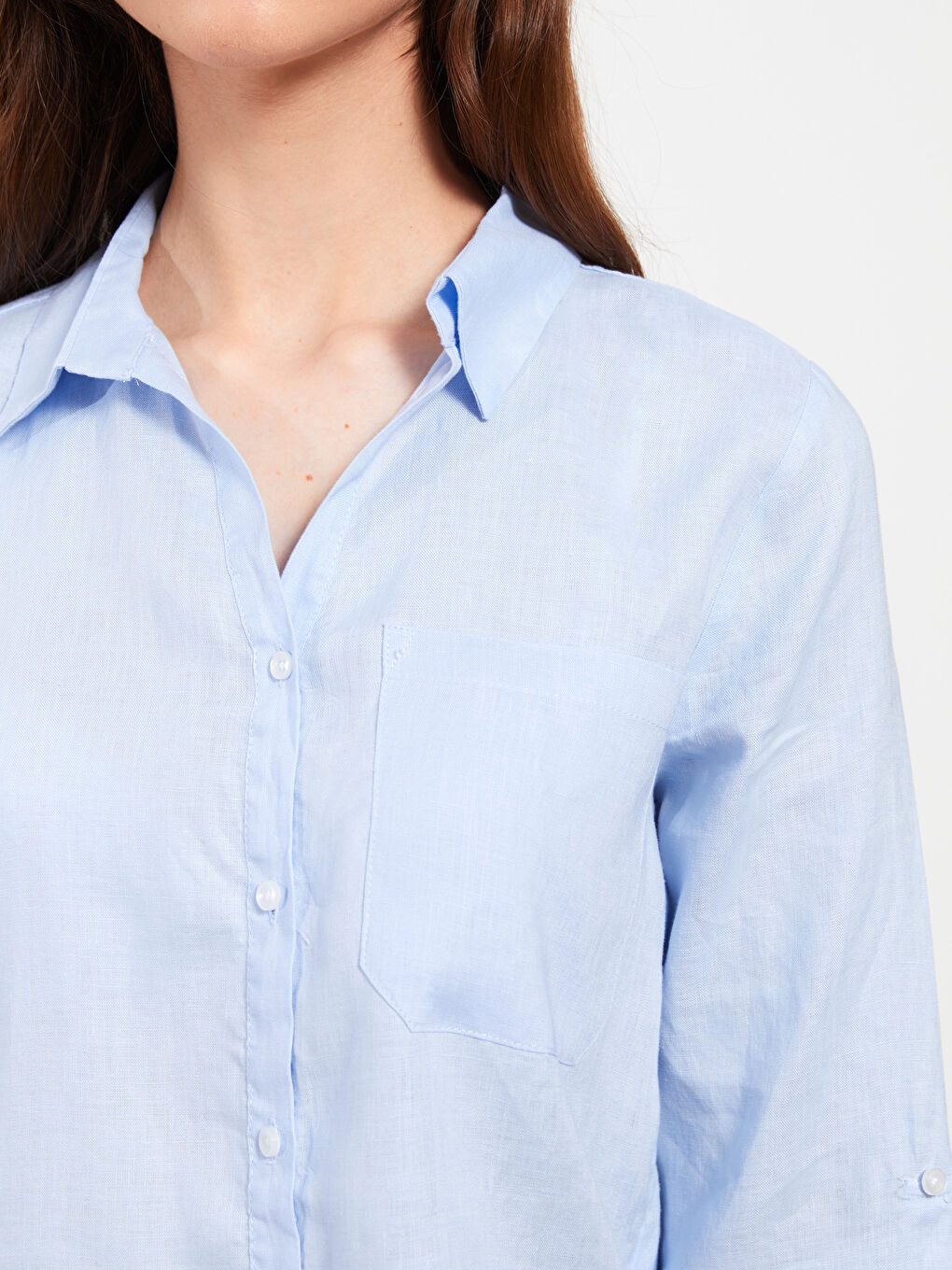 Mavi %100 Keten Kadın Gömlek-2