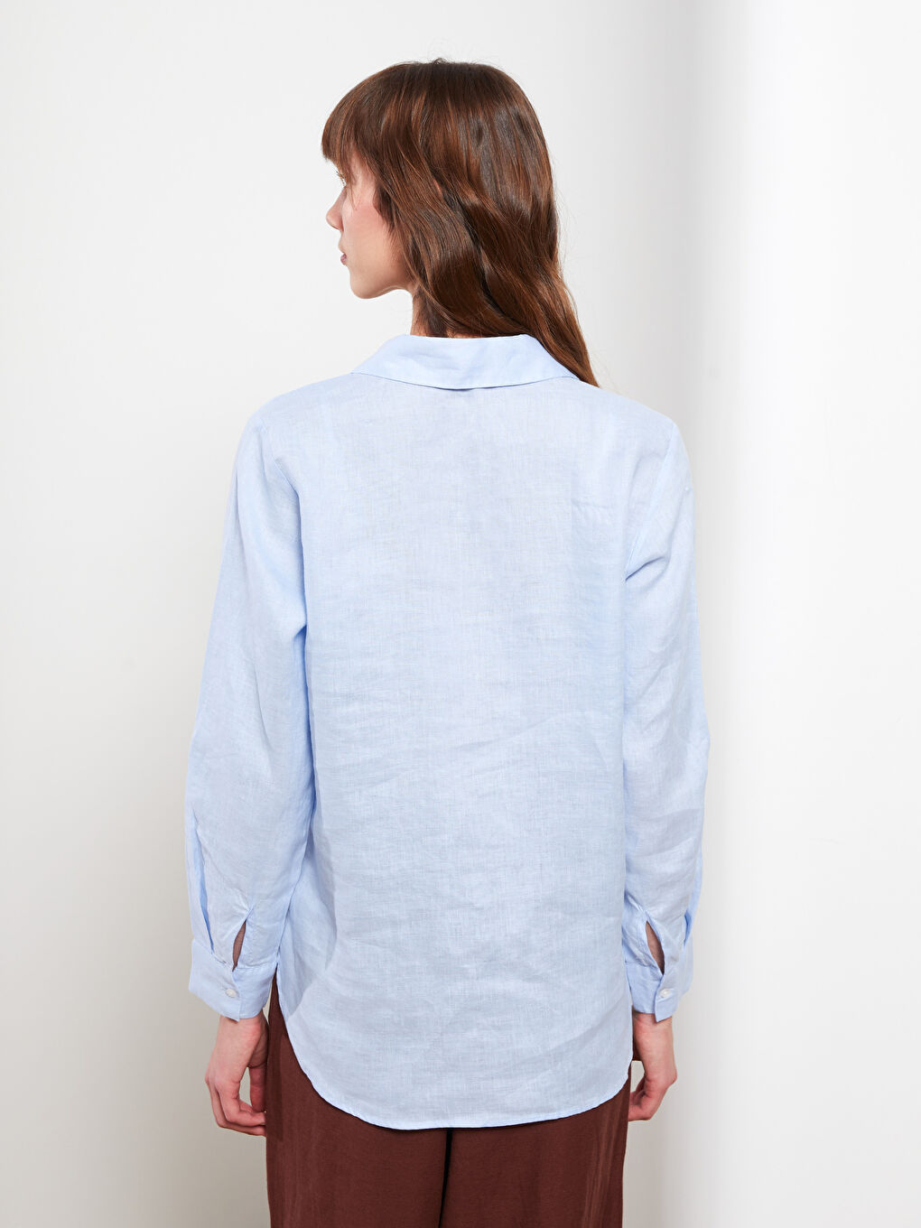 Mavi %100 Keten Kadın Gömlek-3