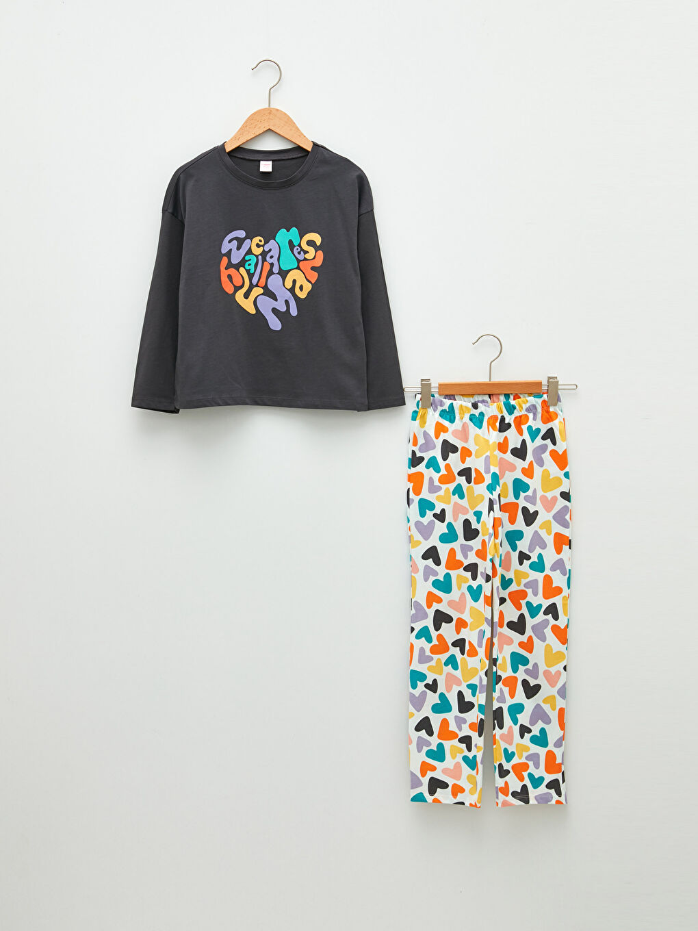 Gri Bisiklet Yaka Baskılı Uzun Kollu Kız Çocuk Pijama Takımı