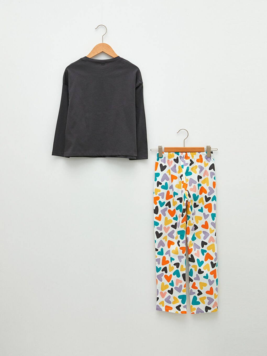 Gri Bisiklet Yaka Baskılı Uzun Kollu Kız Çocuk Pijama Takımı-1