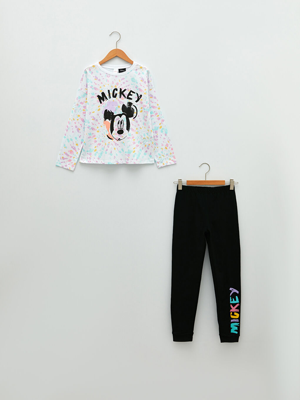 Beyaz Bisiklet Yaka Mickey Mouse Baskılı Uzun Kollu Kız Çocuk Pijama Takımı