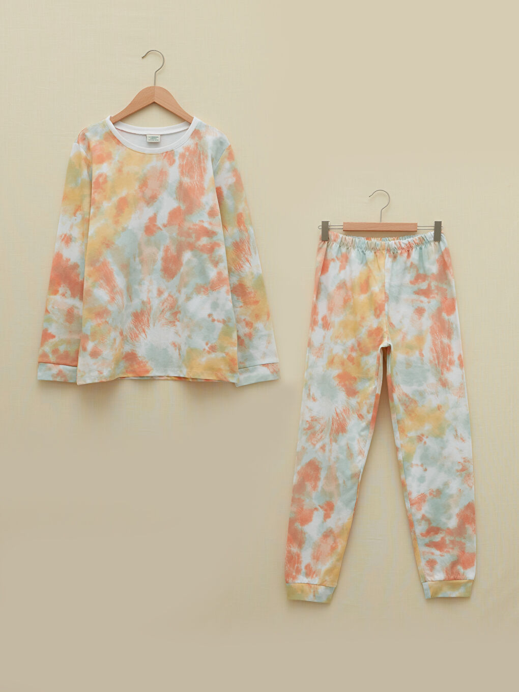 Set de pijama pentru fete cu mânecă lungă, guler rotund, model Tie Dye