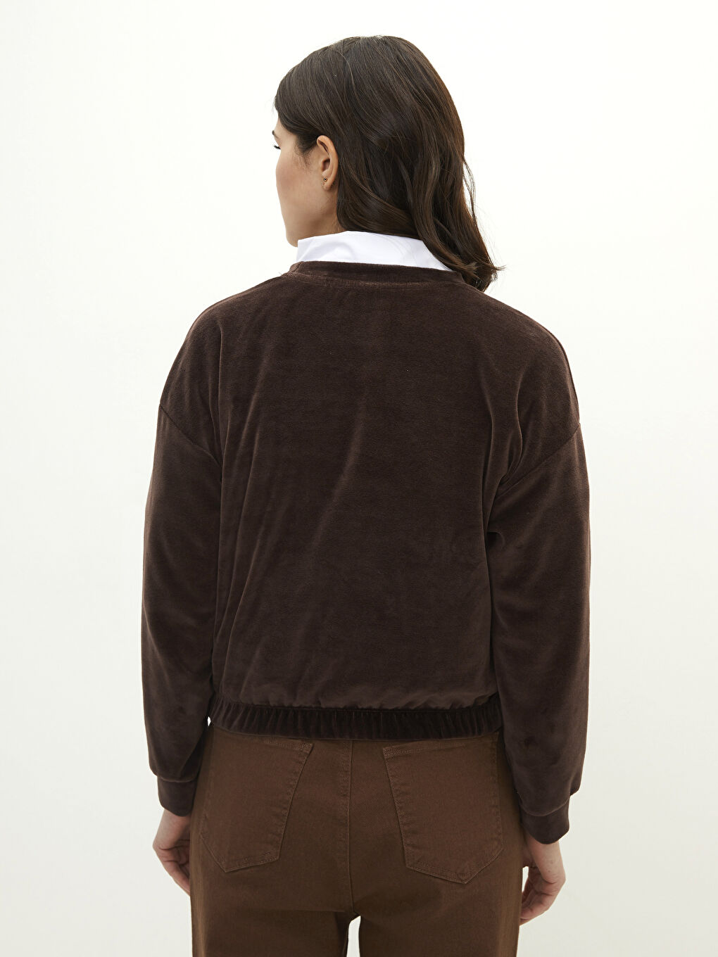 Kahverengi Bisiklet Yaka Düz Uzun Kollu Kadife Kadın Sweatshirt-4