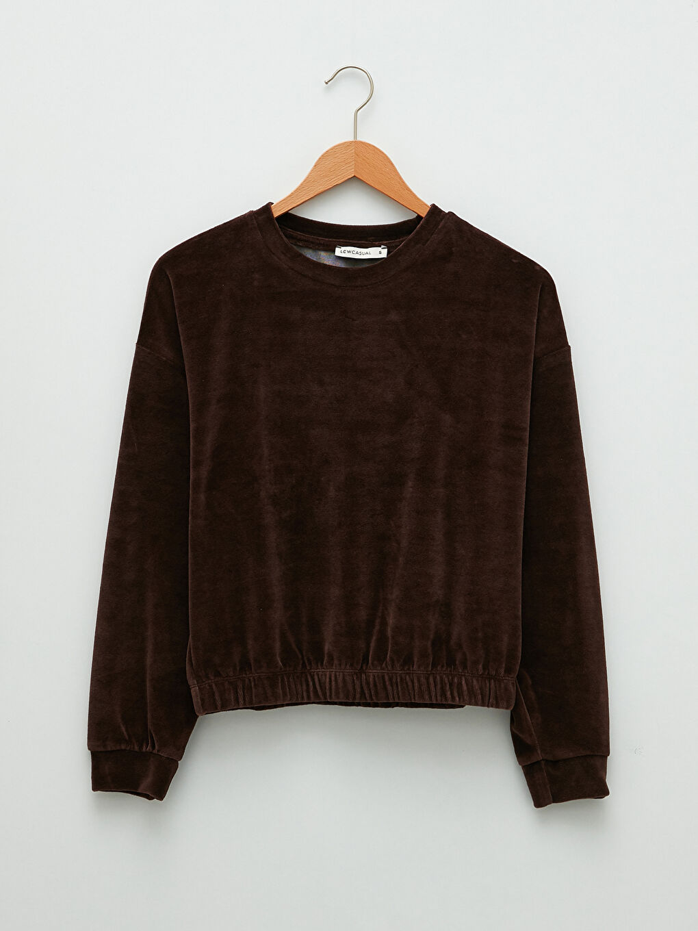 Kahverengi Bisiklet Yaka Düz Uzun Kollu Kadife Kadın Sweatshirt-5