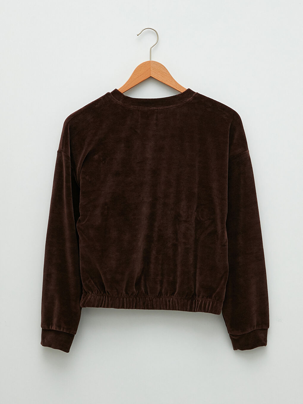 Kahverengi Bisiklet Yaka Düz Uzun Kollu Kadife Kadın Sweatshirt-6