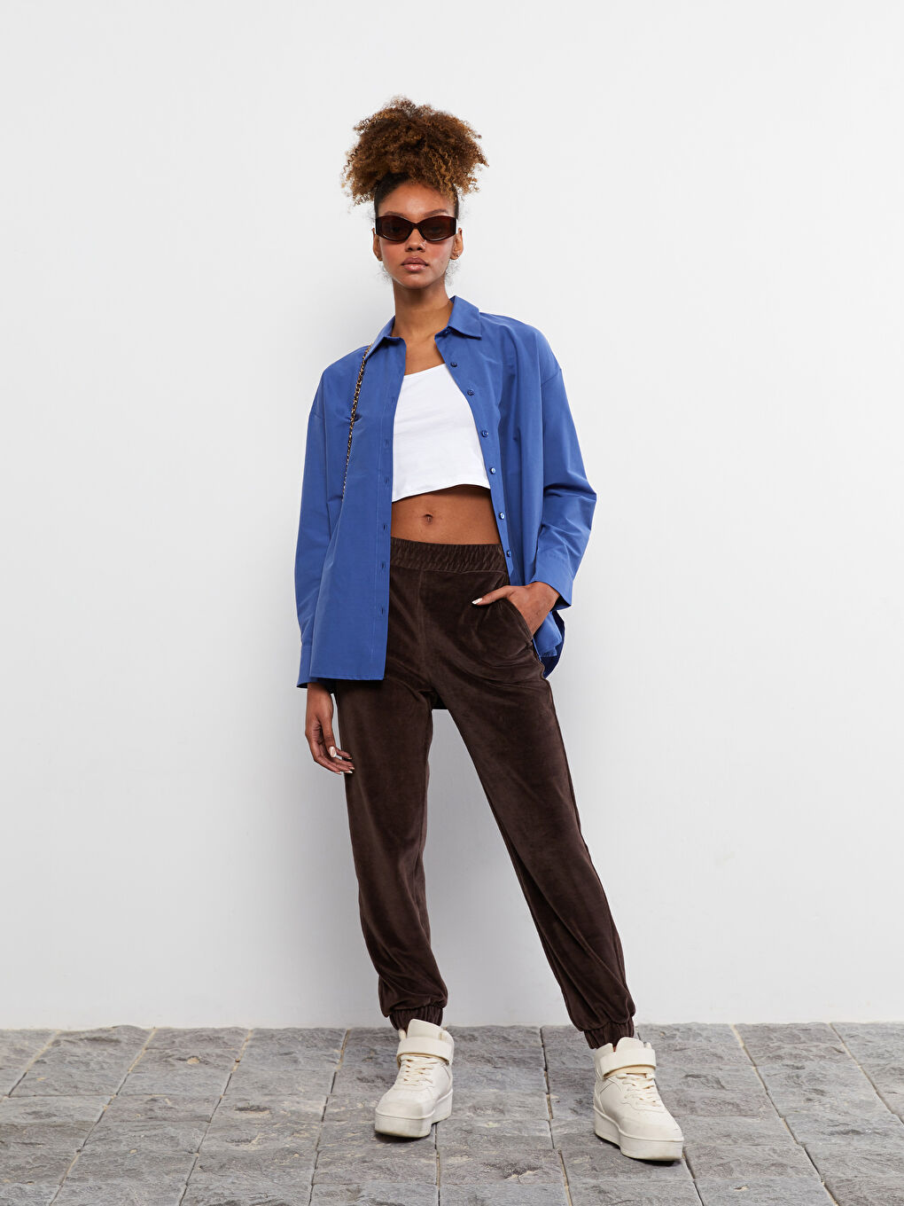 بنطلون رياضي قطيفة بوسط مطاطي عادي للسيدات-1