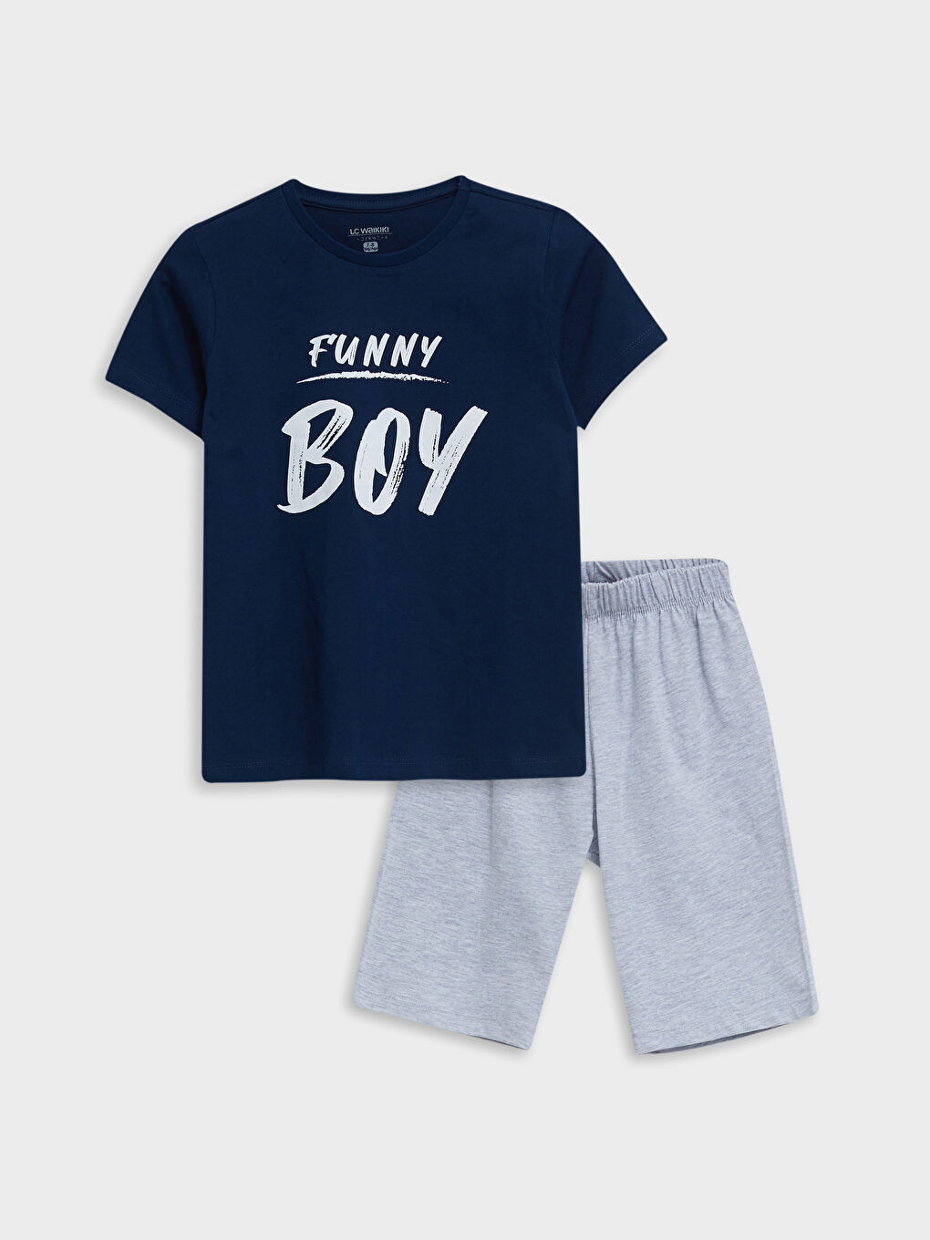 Lacivert Bisiklet Yaka Baskılı Kısa Kollu Erkek Çocuk Şortlu Pijama Takımı