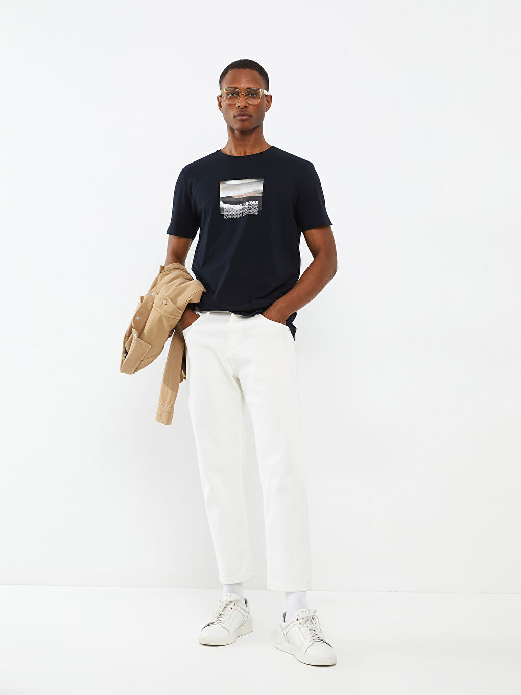 Lacivert Bisiklet Yaka Kısa Kollu Baskılı Penye Erkek Tişört