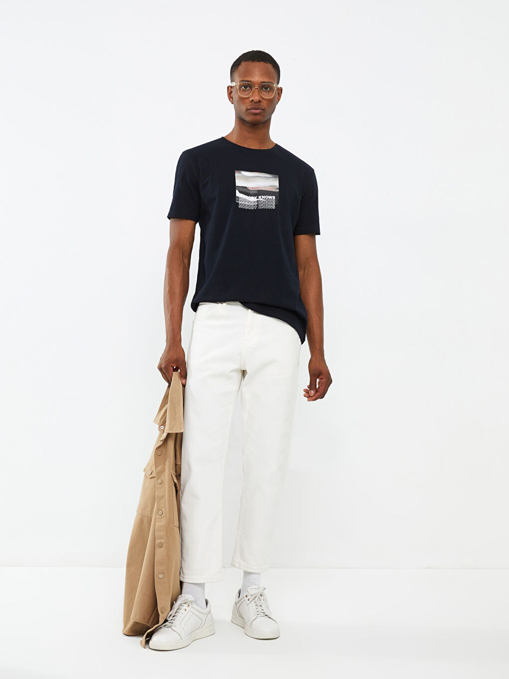 Lacivert Bisiklet Yaka Kısa Kollu Baskılı Penye Erkek Tişört-1