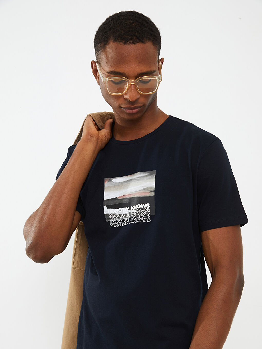 Lacivert Bisiklet Yaka Kısa Kollu Baskılı Penye Erkek Tişört-2