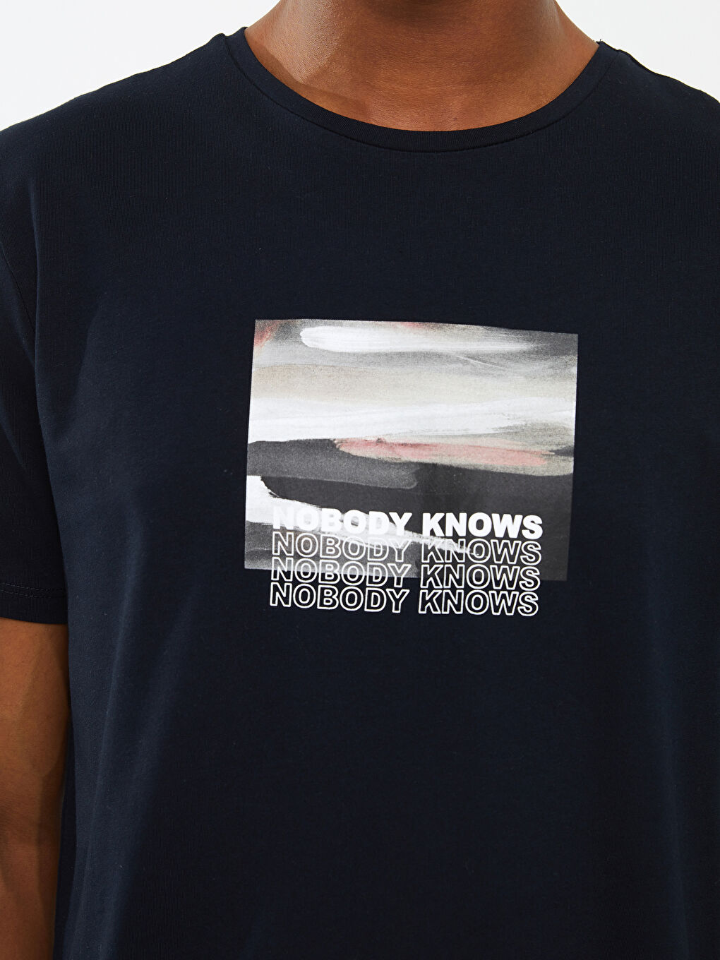 Lacivert Bisiklet Yaka Kısa Kollu Baskılı Penye Erkek Tişört-3