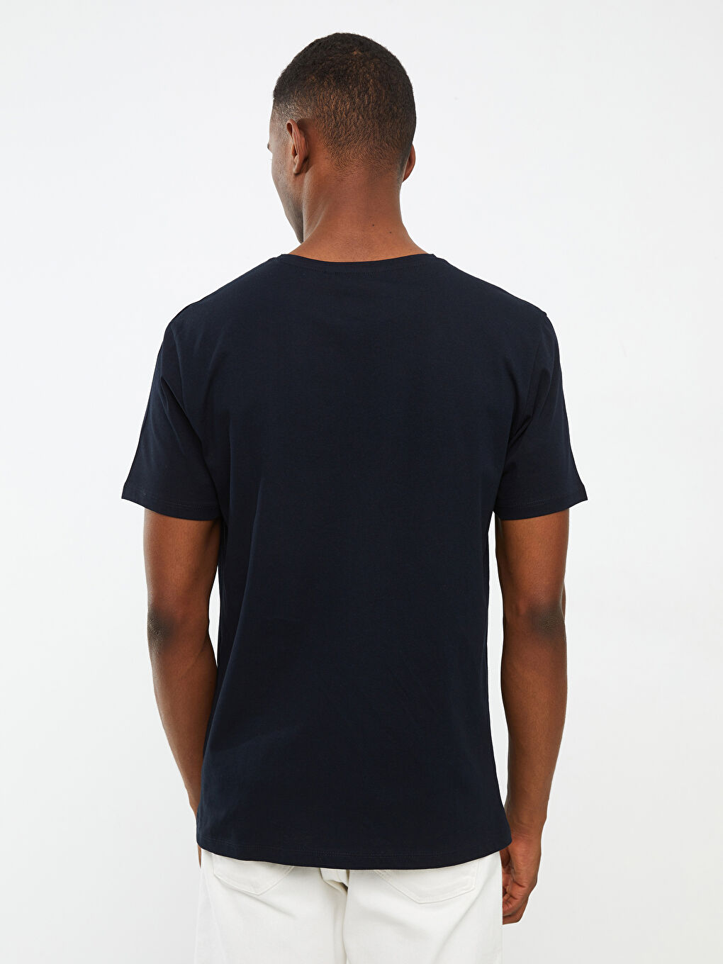 Lacivert Bisiklet Yaka Kısa Kollu Baskılı Penye Erkek Tişört-4