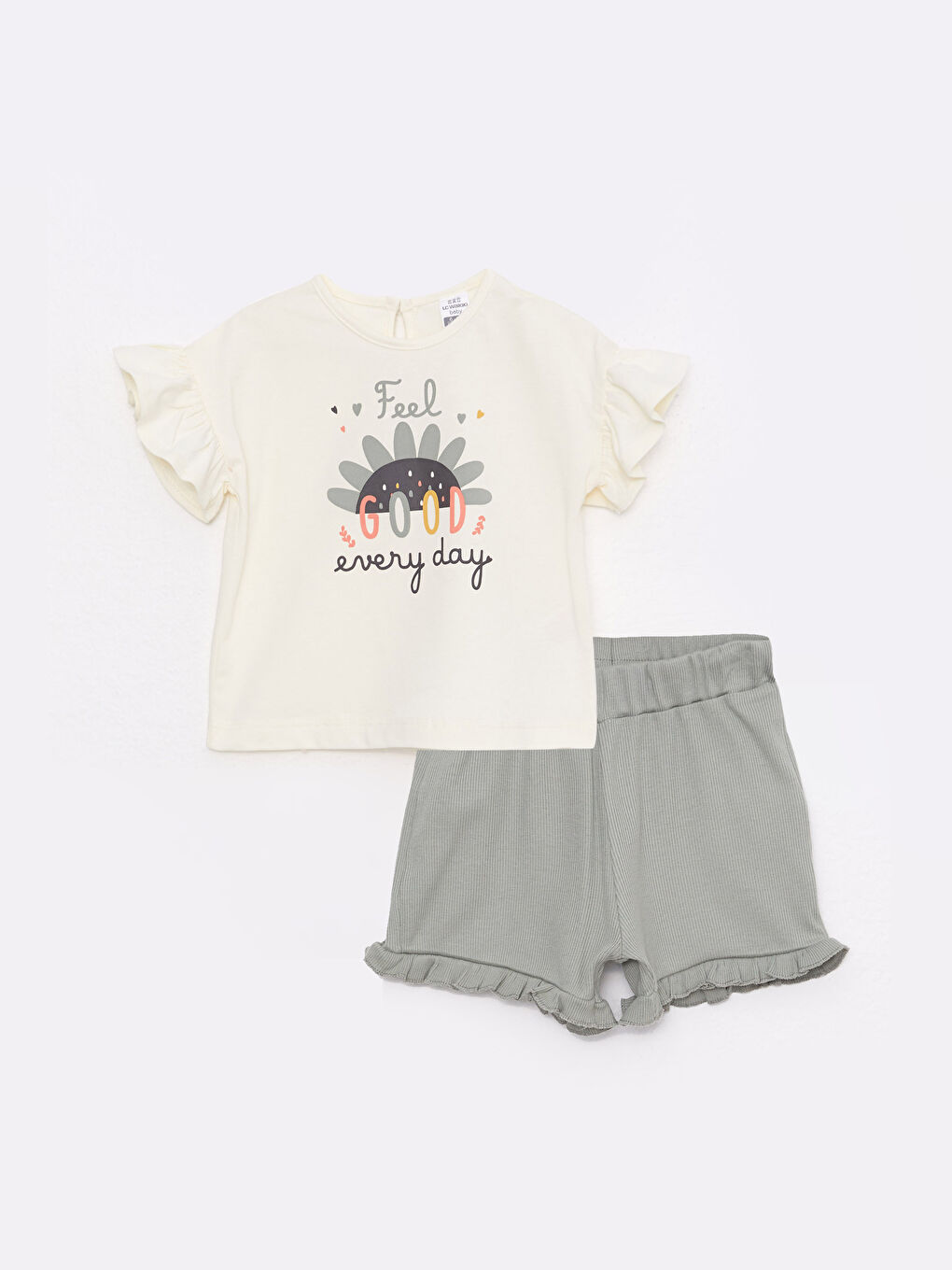 Crew Neck Short Sleeve Printed Baby Girls' T-Shirt and Shorts 2 Pack Set