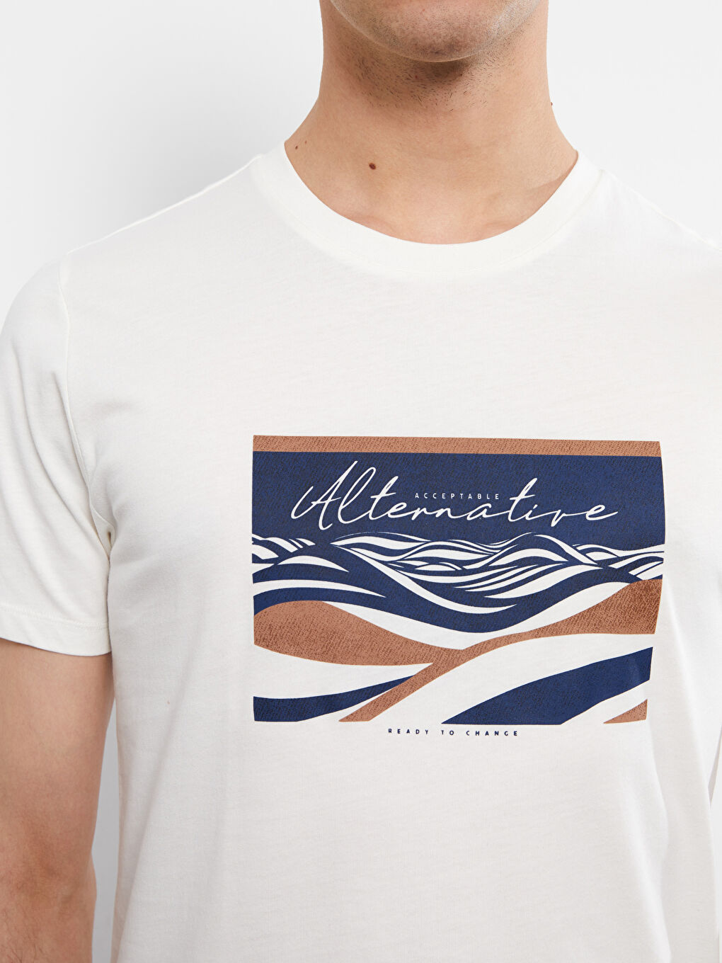 Ekru Bisiklet Yaka Kısa Kollu Baskılı Penye Erkek Tişört-3