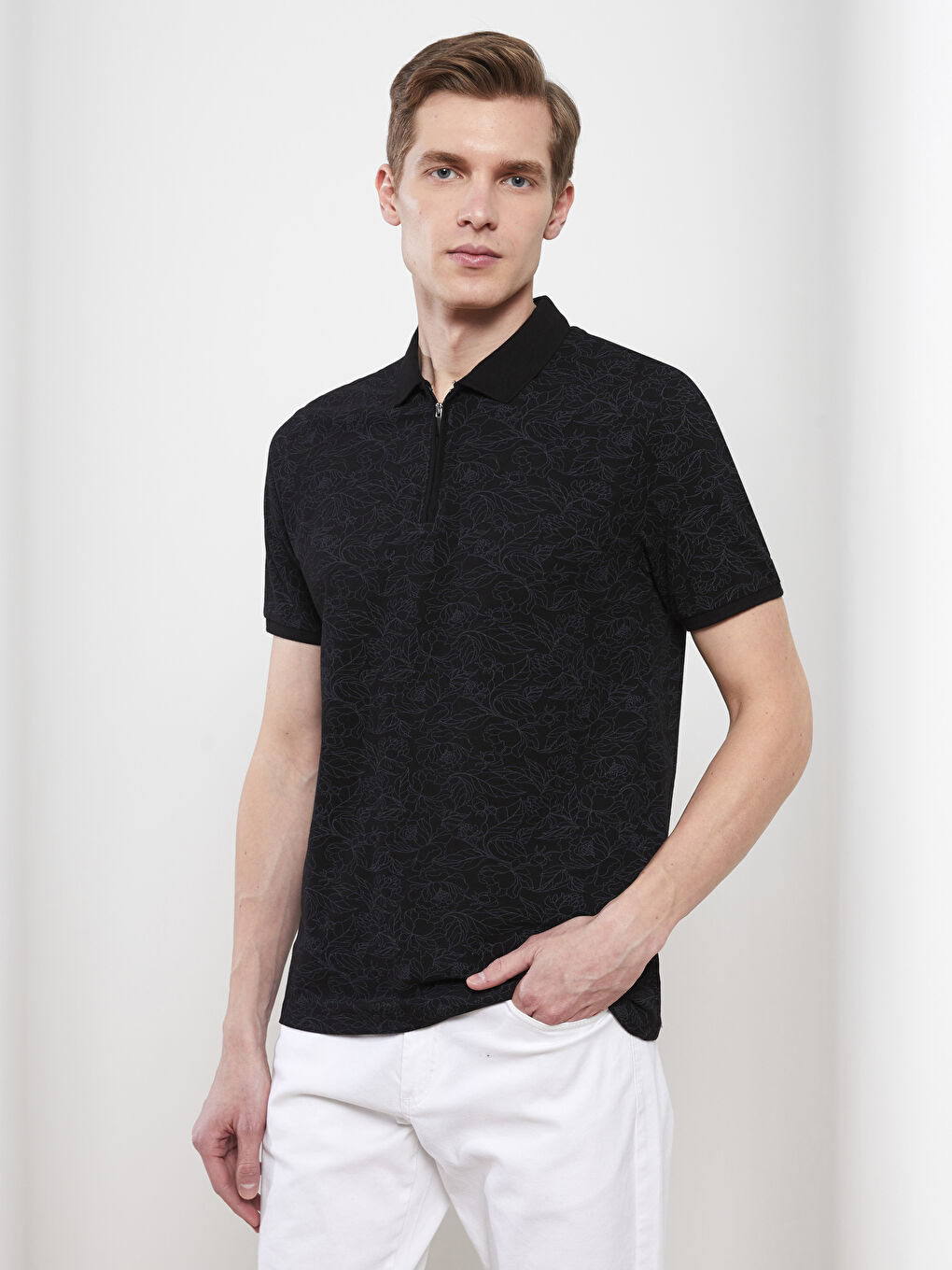 Siyah Polo Yaka Kısa Kollu Desenli Pike Erkek Tişört
