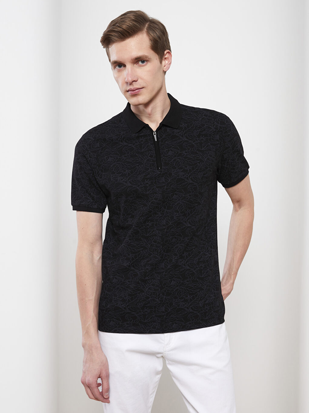 Siyah Polo Yaka Kısa Kollu Desenli Pike Erkek Tişört-1