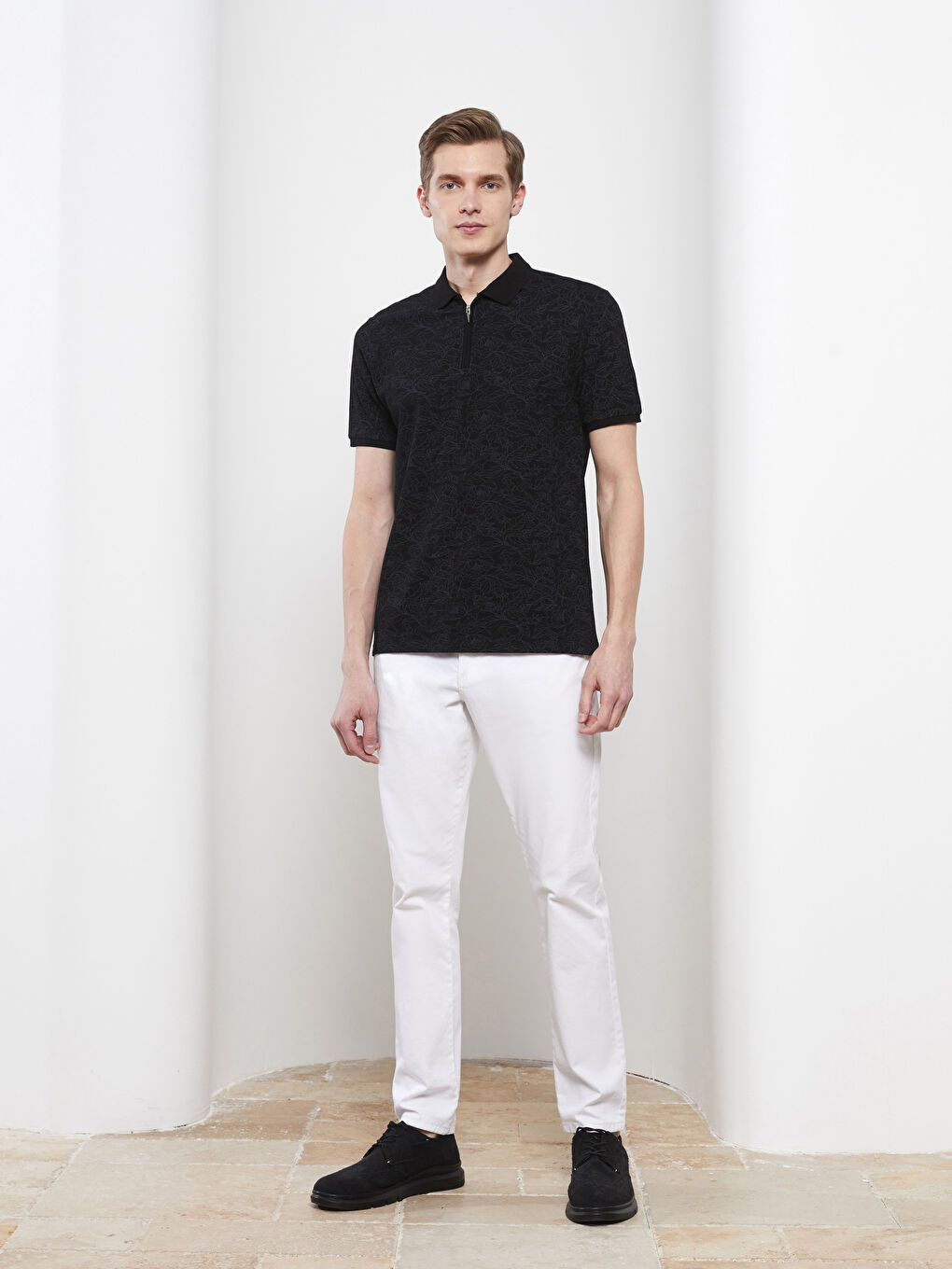 Siyah Polo Yaka Kısa Kollu Desenli Pike Erkek Tişört-2