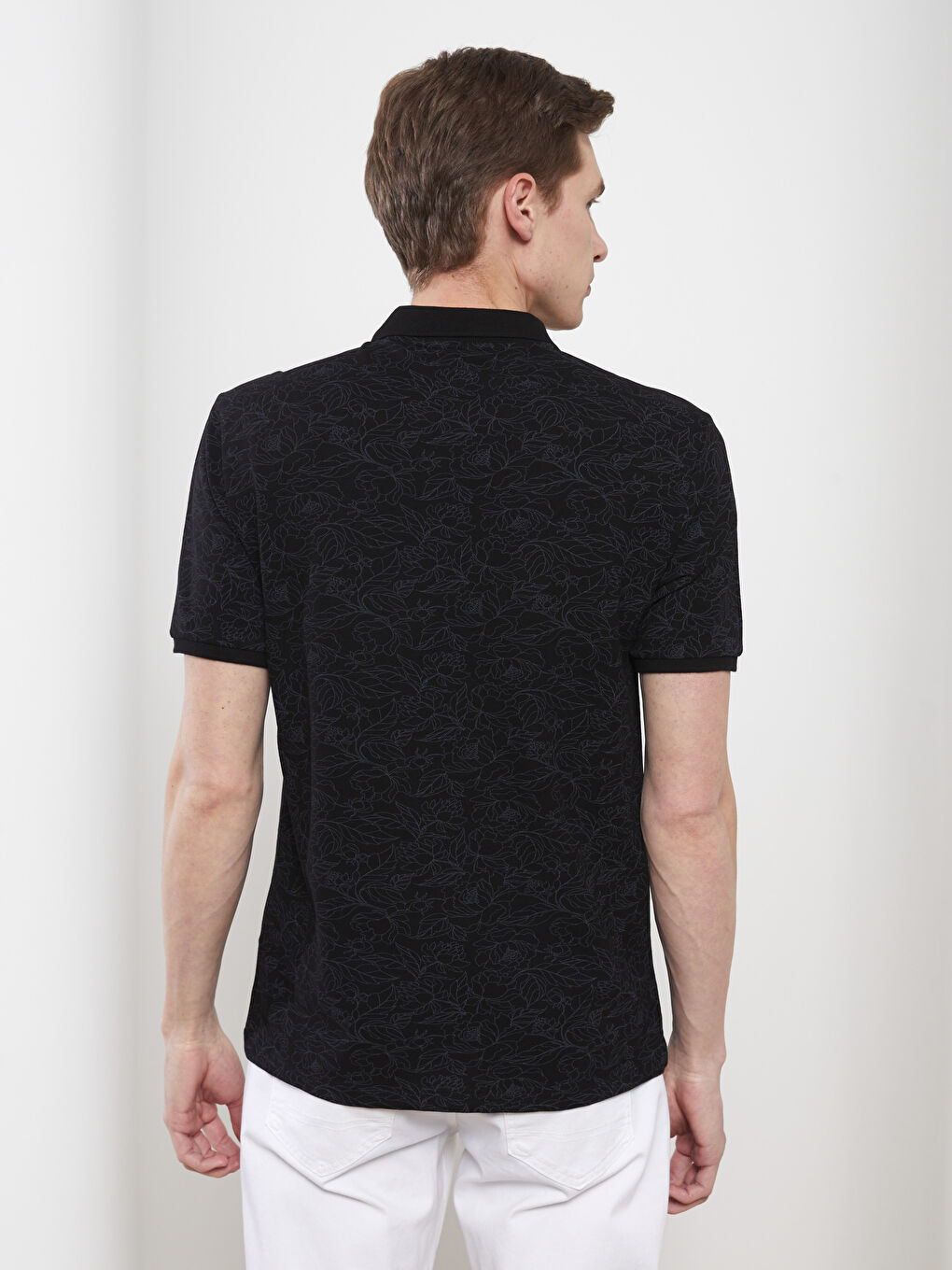 Siyah Polo Yaka Kısa Kollu Desenli Pike Erkek Tişört-4