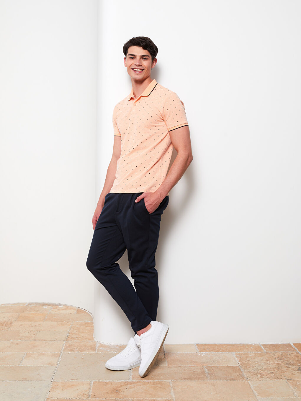 Turuncu Polo Yaka Kısa Kollu Desenli Pike Erkek Tişört-2