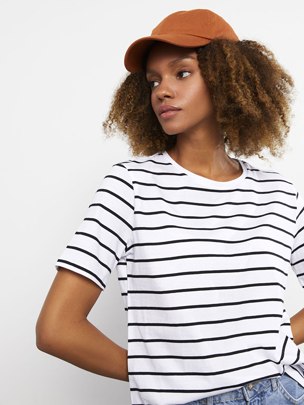 Crew Neck Striped Short Sleeve Cotton Women's T-Shirt-2