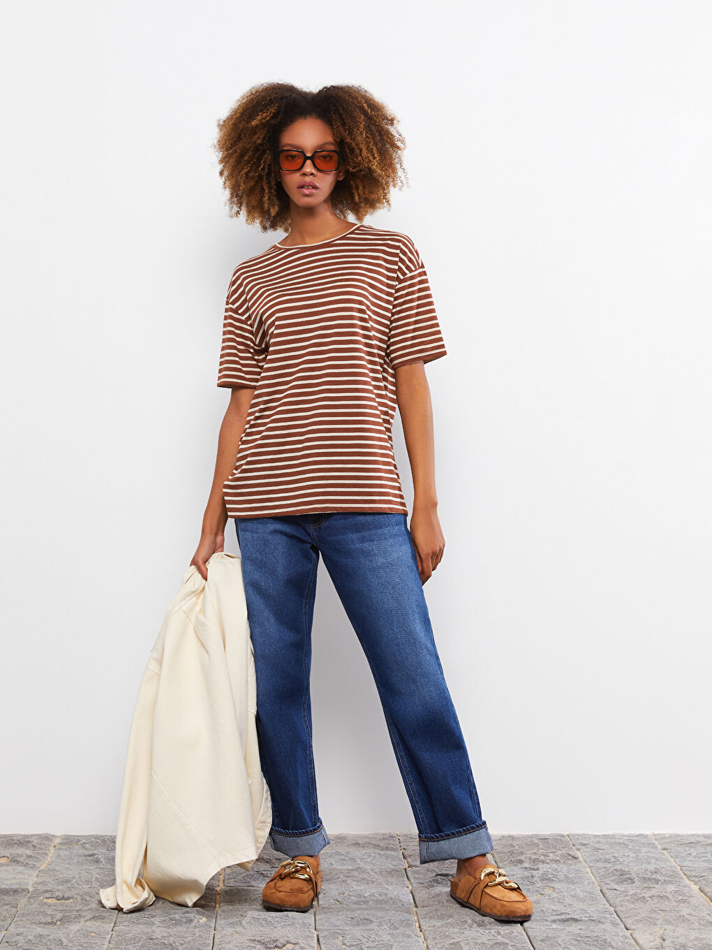 Футболка с круглым вырезом, полосатая, с коротким рукавом для женщин