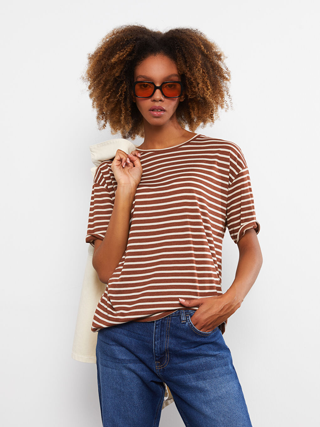 Футболка с круглым вырезом, полосатая, с коротким рукавом для женщин-1