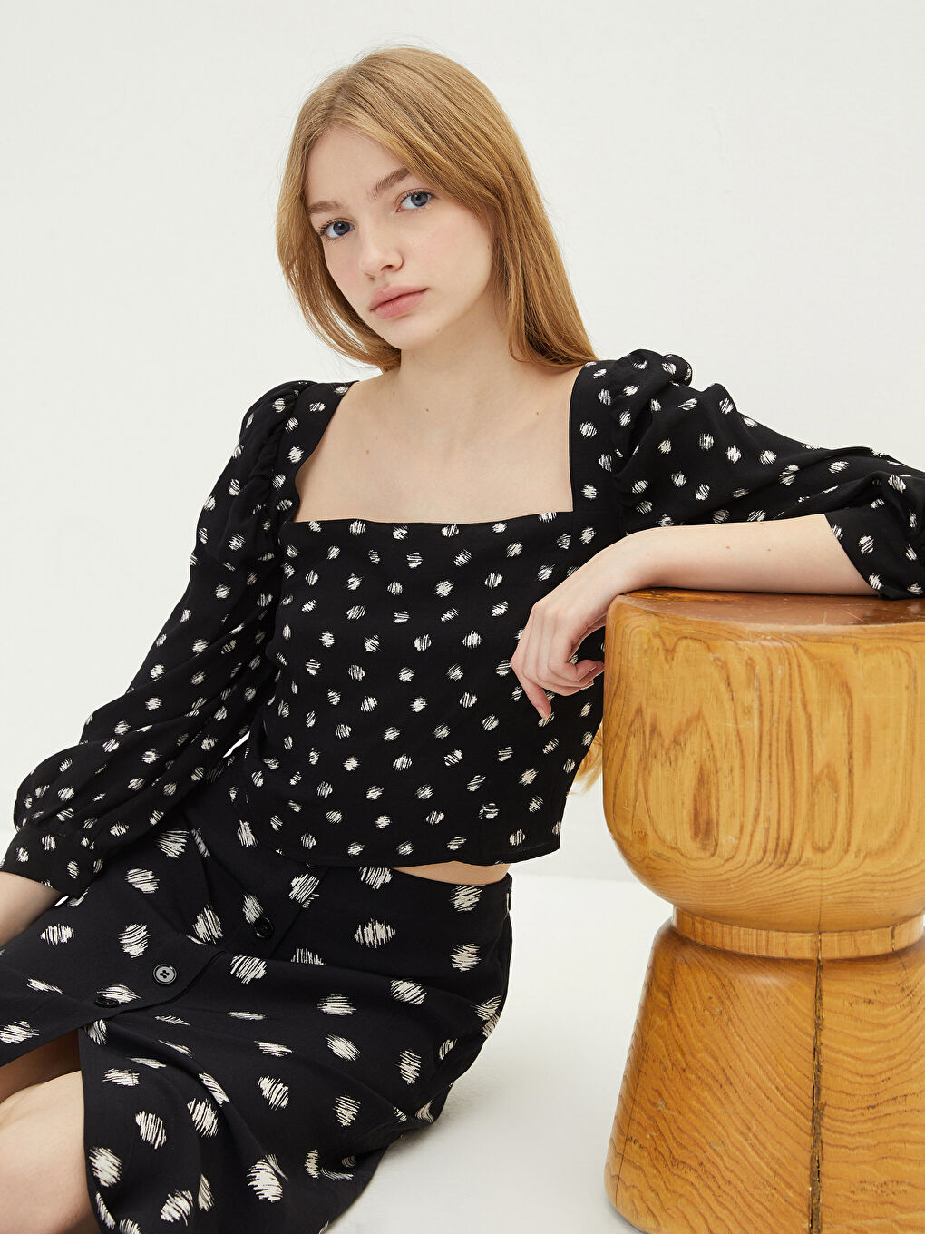 Square Collar Patterned Viscose Women's Blouse