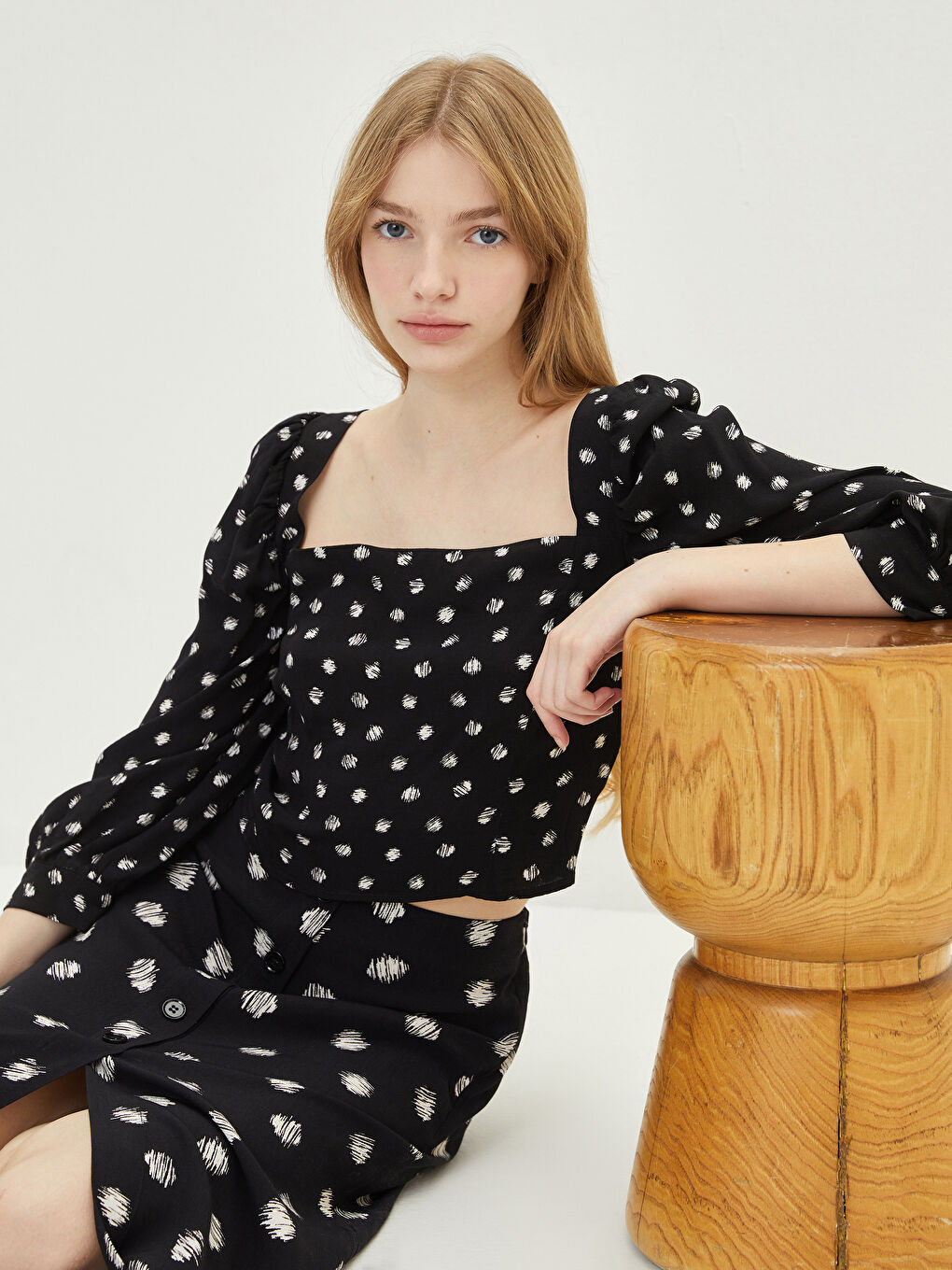 Square Collar Patterned Viscose Women's Blouse-1