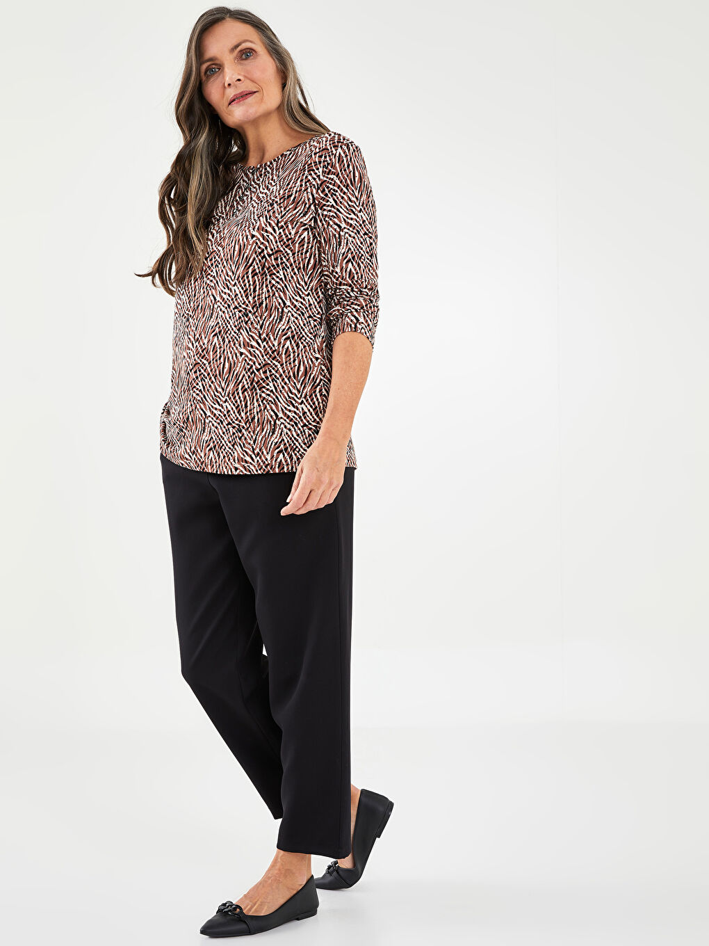 Karışık Bisiklet Yaka Desenli Uzun Kollu Viskon Kadın Tişört-3