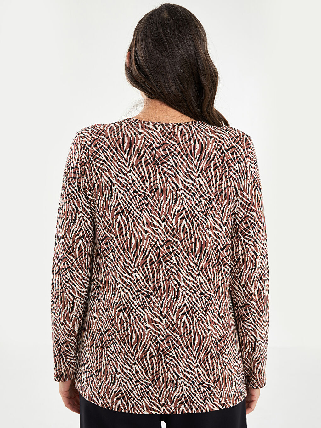 Karışık Bisiklet Yaka Desenli Uzun Kollu Viskon Kadın Tişört-4