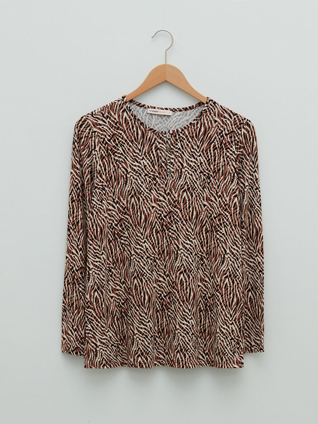 Karışık Bisiklet Yaka Desenli Uzun Kollu Viskon Kadın Tişört-5