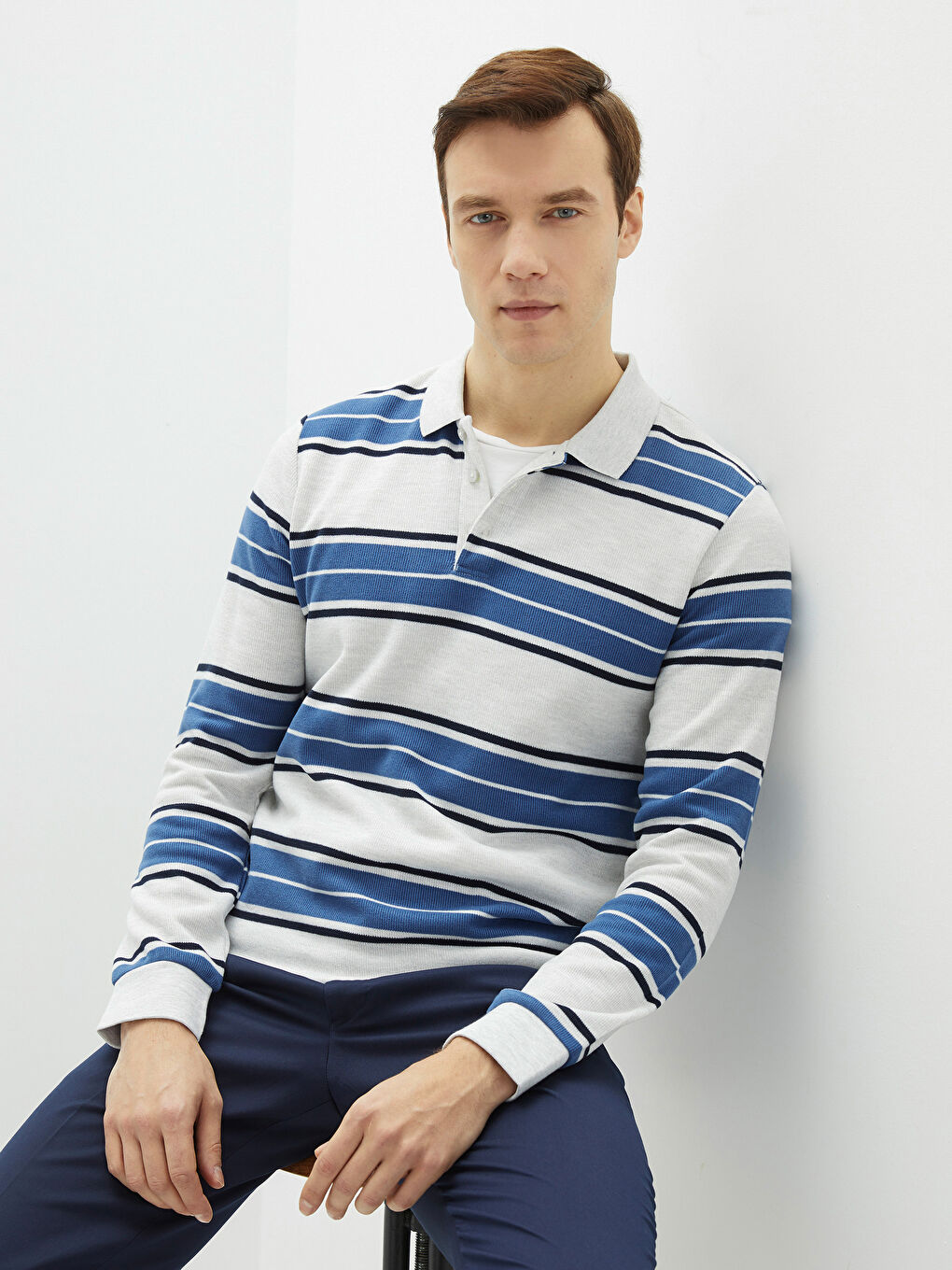 Bej Polo Yaka Uzun Kollu Çizgili Erkek Sweatshirt