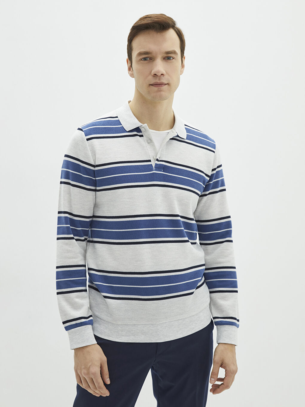 Bej Polo Yaka Uzun Kollu Çizgili Erkek Sweatshirt-1