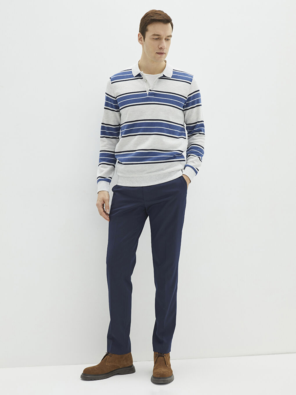 Bej Polo Yaka Uzun Kollu Çizgili Erkek Sweatshirt-2