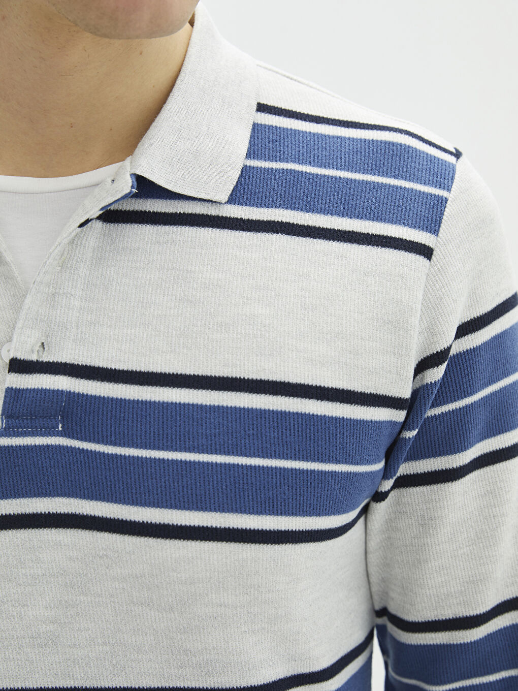 Bej Polo Yaka Uzun Kollu Çizgili Erkek Sweatshirt-3