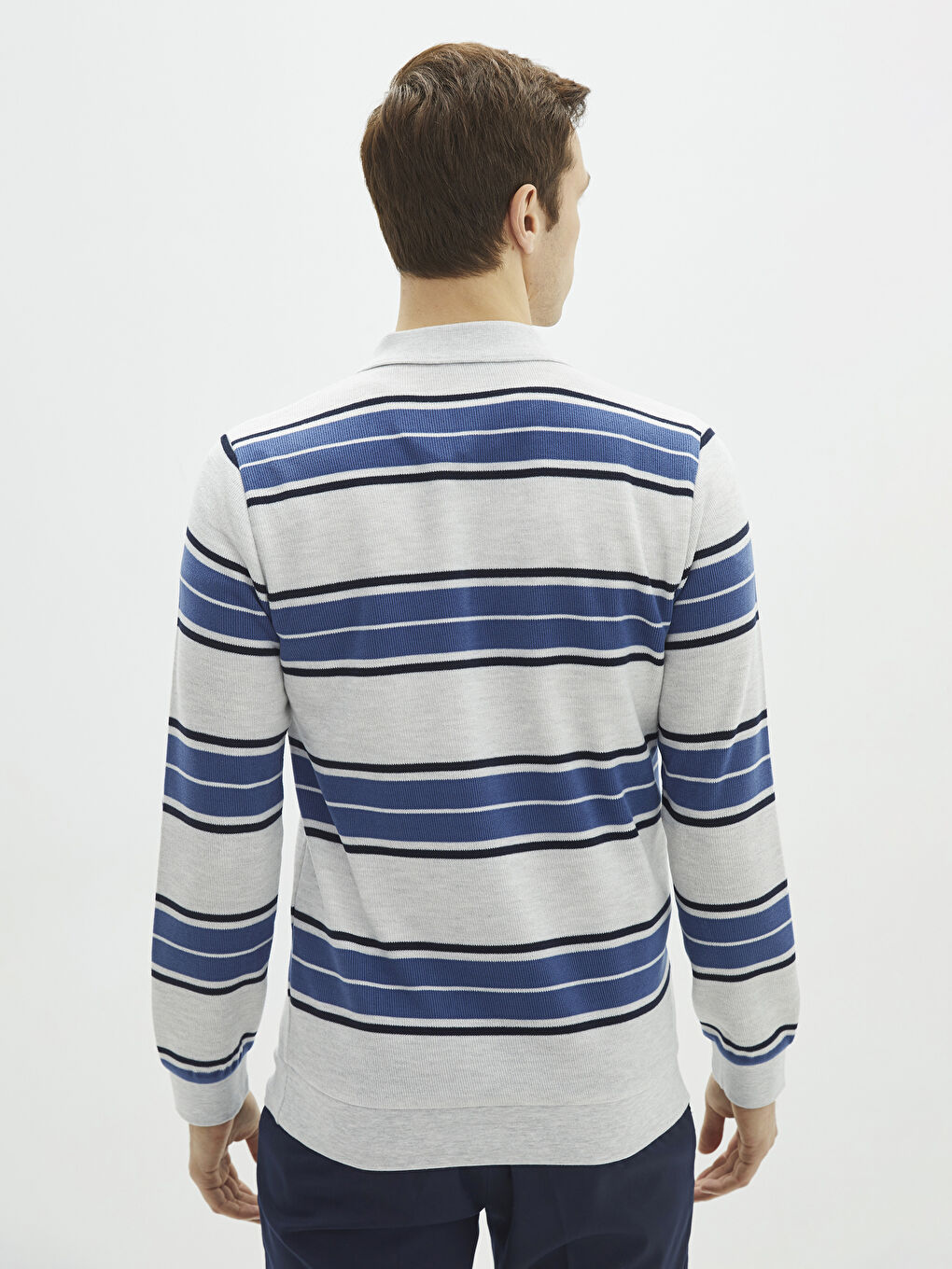 Bej Polo Yaka Uzun Kollu Çizgili Erkek Sweatshirt-4