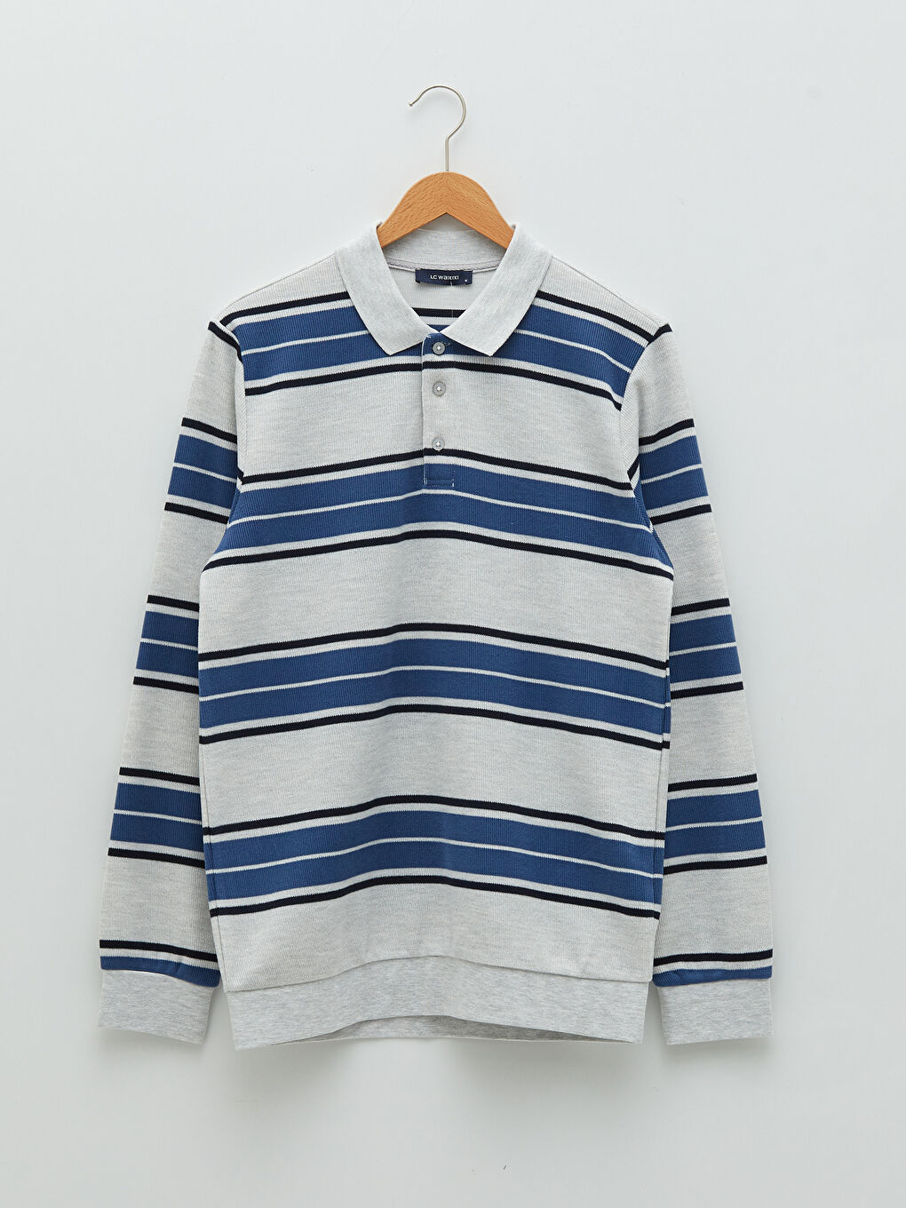 Bej Polo Yaka Uzun Kollu Çizgili Erkek Sweatshirt-5