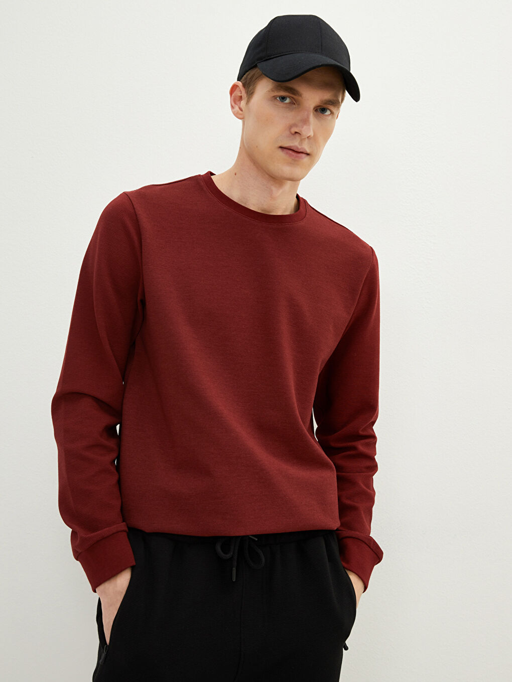 Bordo Bisiklet Yaka Uzun Kollu Erkek Sweatshirt