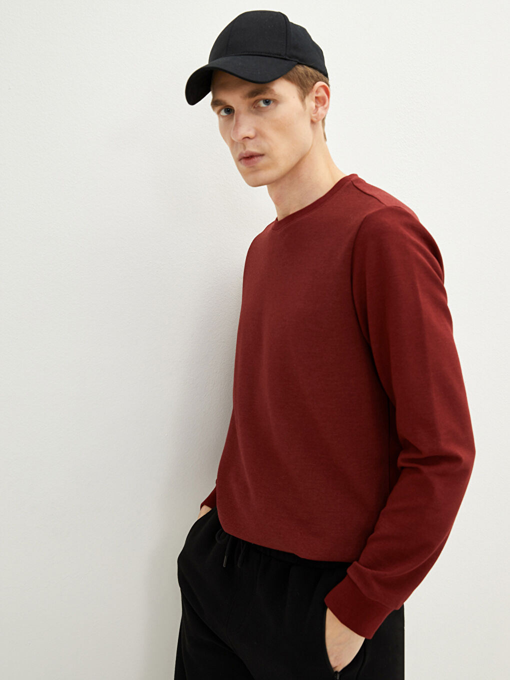 Bordo Bisiklet Yaka Uzun Kollu Erkek Sweatshirt-2