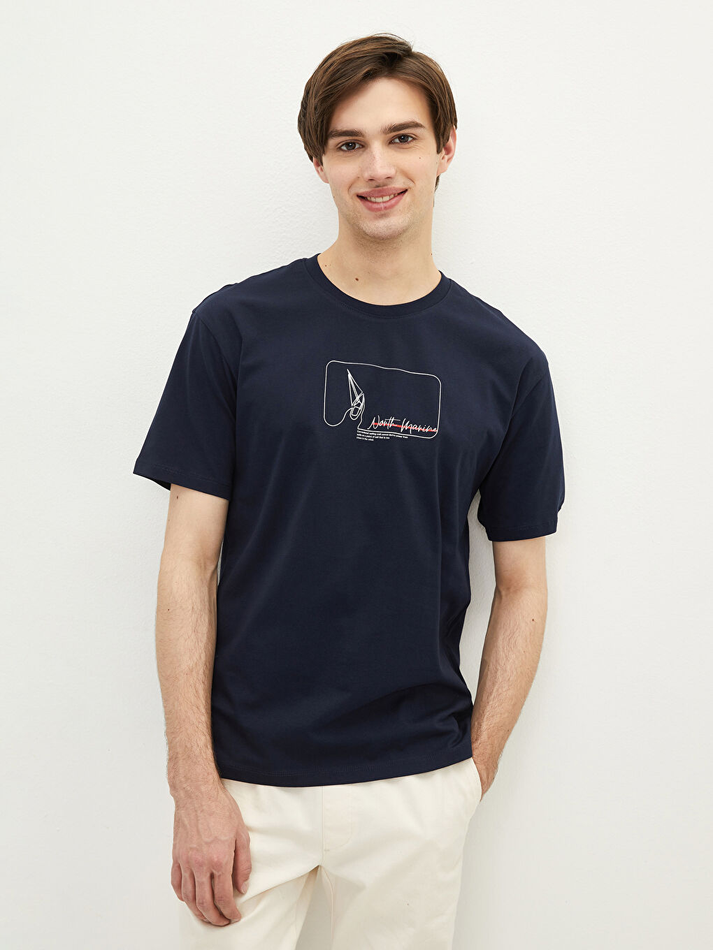 Lacivert Bisiklet Yaka Kısa Kollu Baskılı Penye Erkek Tişört