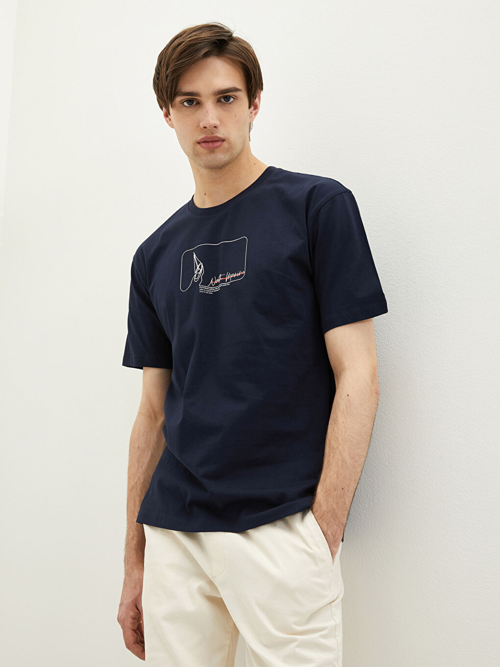 Lacivert Bisiklet Yaka Kısa Kollu Baskılı Penye Erkek Tişört-1