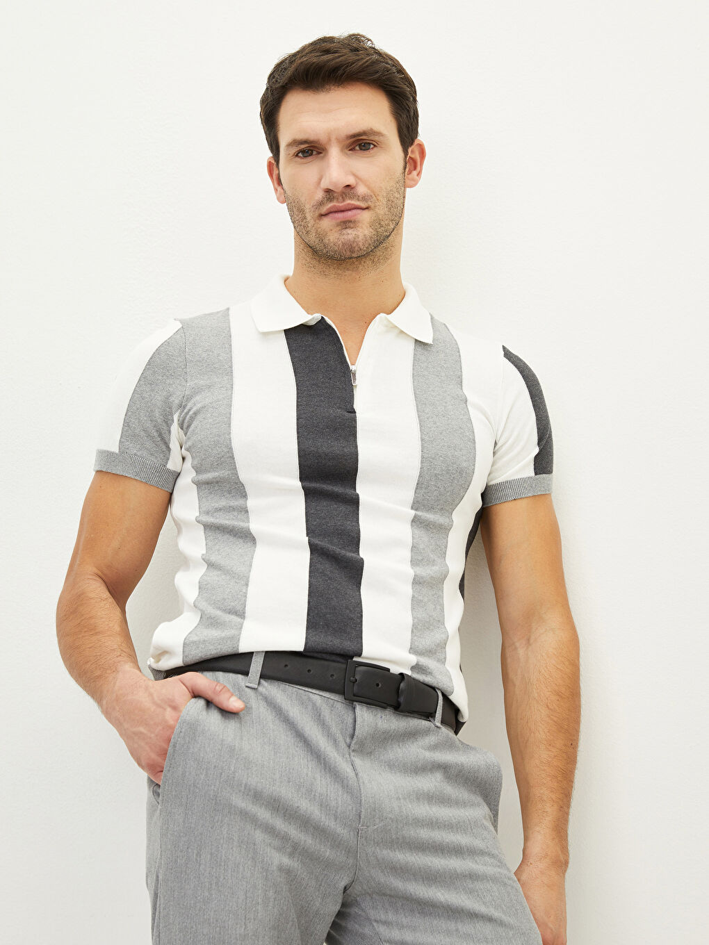 Ekru Polo Yaka Kısa Kollu Erkek Triko Kazak