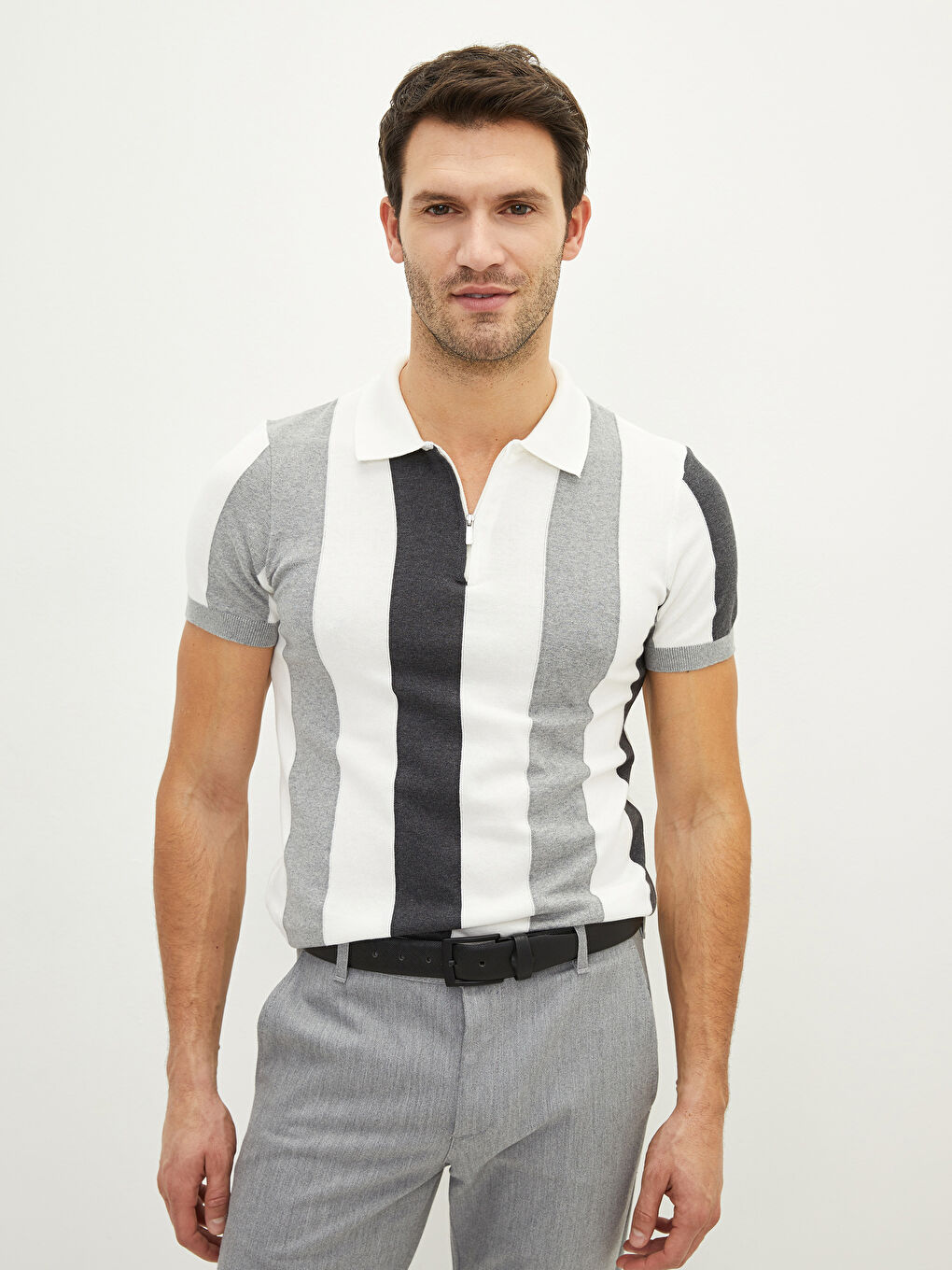 Ekru Polo Yaka Kısa Kollu Erkek Triko Kazak-1